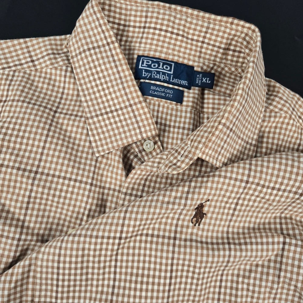 Polo Ralph Lauren Bradford Classic Gingham Shirt XL Suede Brown Elbow Patches